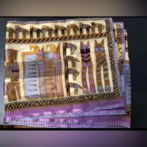 Vtg Laurel Burch Silk Scarf Tribal Cat Rectangle Geometric Purple Gold Egyptian